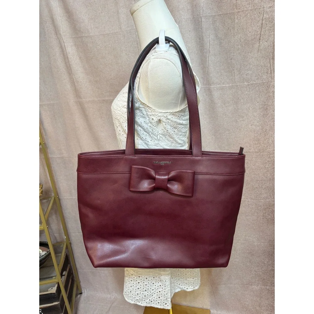 Karl Lagerfeld Paris Burgundy Bow Tote‎ Bag Faux Leather Large Shoulder Bag